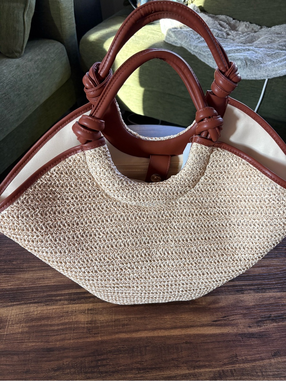 No Boundaries Beige Woven Tote with Brown Trim
